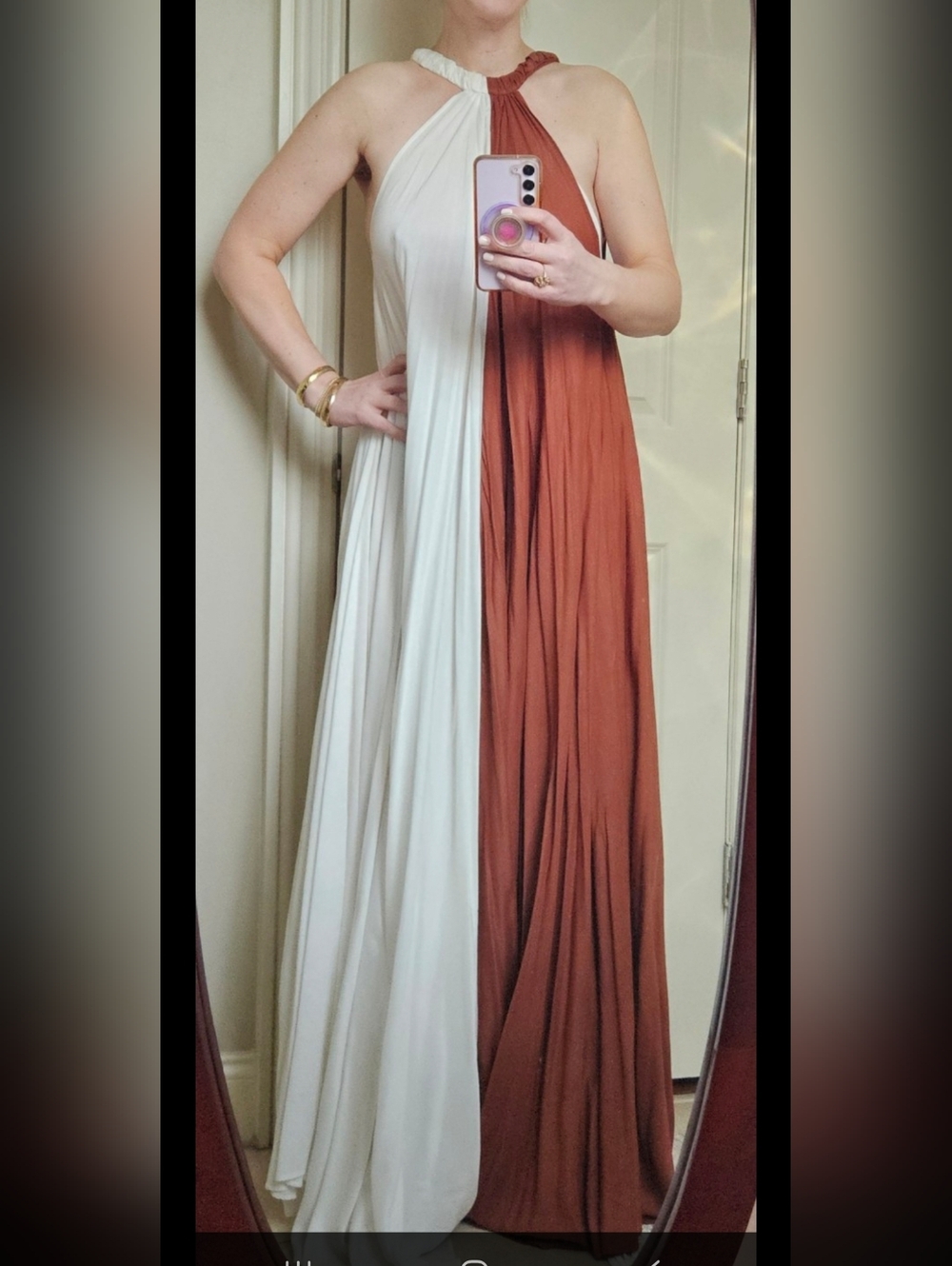 Anthropologie “Let Me Be” Colorblock Halter Maxi Dress | Ivory & Copper Brown |